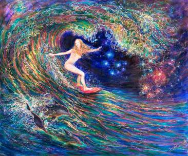 Night surfing - girl is riding inside the wave tube with dolphins - suggest a title for female surfing girl