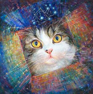 "Secret of the Cosmic Box" metaphysical energy fine art painting for healing your pets - inspired by Maru the Cat by the world-renowned Ottawa artist Elena Khomoutova. 