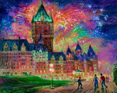 Summer Fireworks. Quebec. Frontenac - Original fine art Painting - for Good Luck